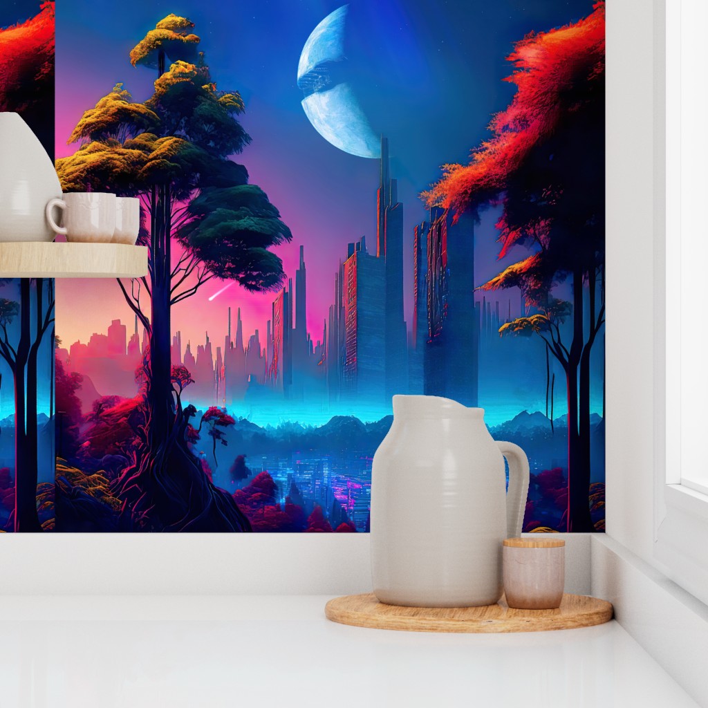 Neon cyberpunk city in a forest — surreal space collage art Wallpaper