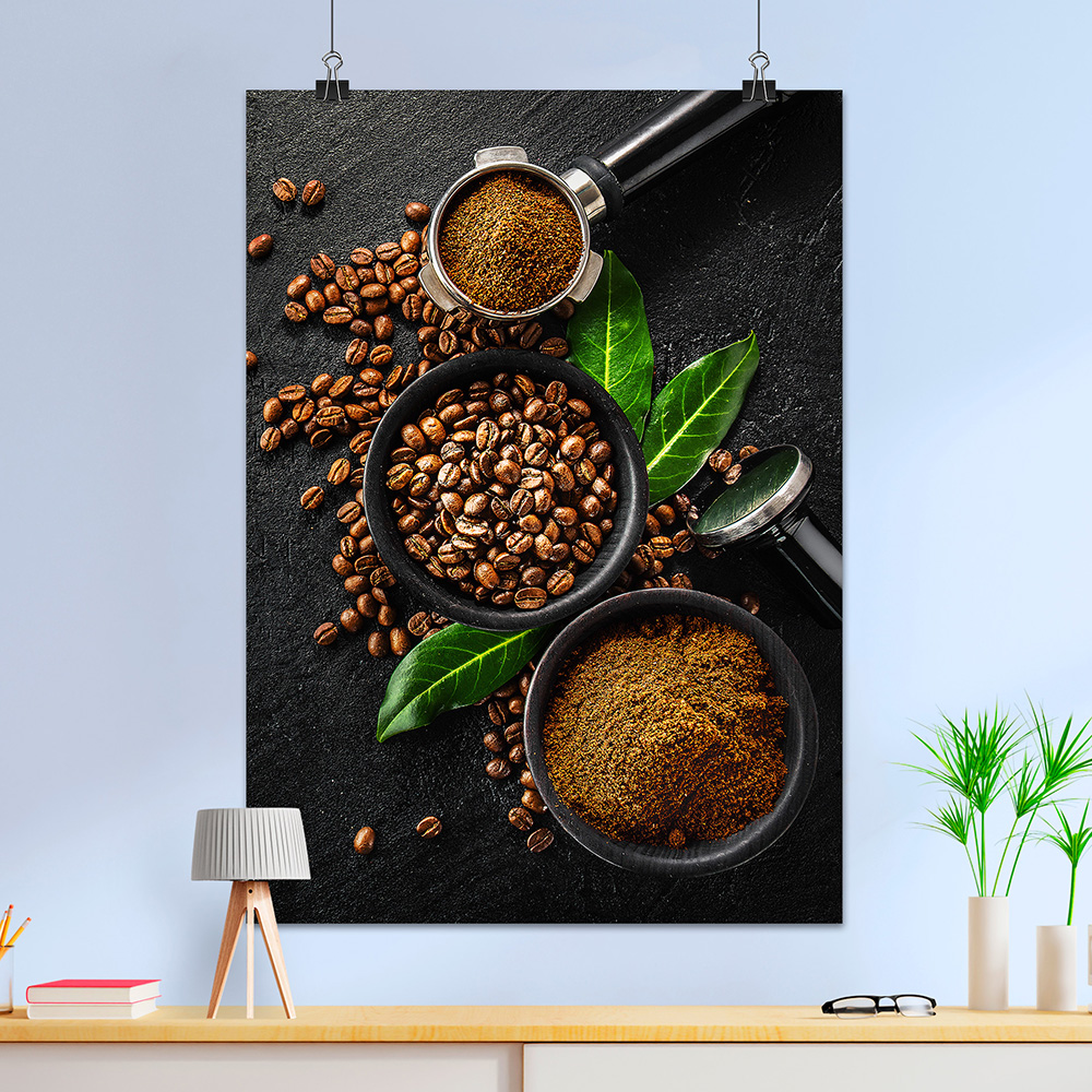 Coffee cups and beans — coffee poster, kitchen decor