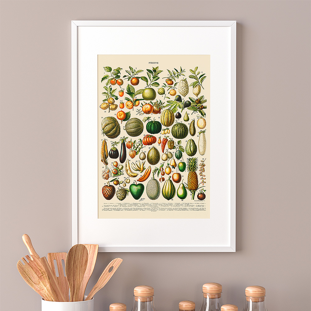 Fruits retro illustration, 1920s — Food vintage kitchen poster Framed Art Print