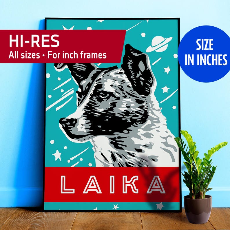 Laika, first space dog, USSR, 1958 — Soviet vintage space art poster