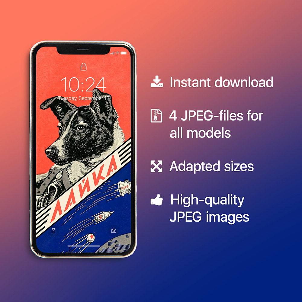 Phone Wallpaper: Laika, first space dog, USSR / Soviet vintage space poster — Instant digital download, mobile wallpaper, Laika wallpaper