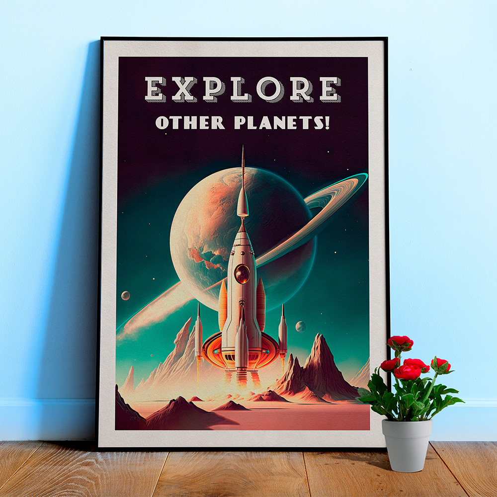Explore other planets! — Vintage retro space poster, retrofuturism poster, retro space art, propaganda poster, retro sci-fi