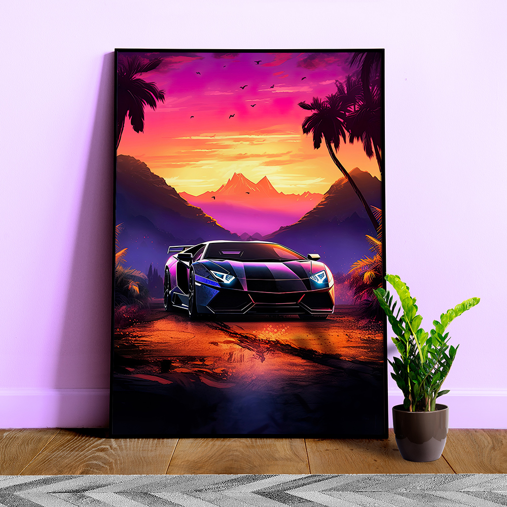 Synthwave aesthetic sport car with palms [synthwave/vaporwave/cyberpunk] — poster