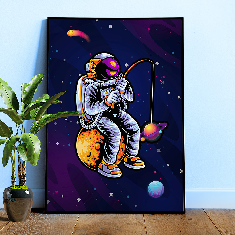 Astronaut fishing a stars — space poster, synthwave space