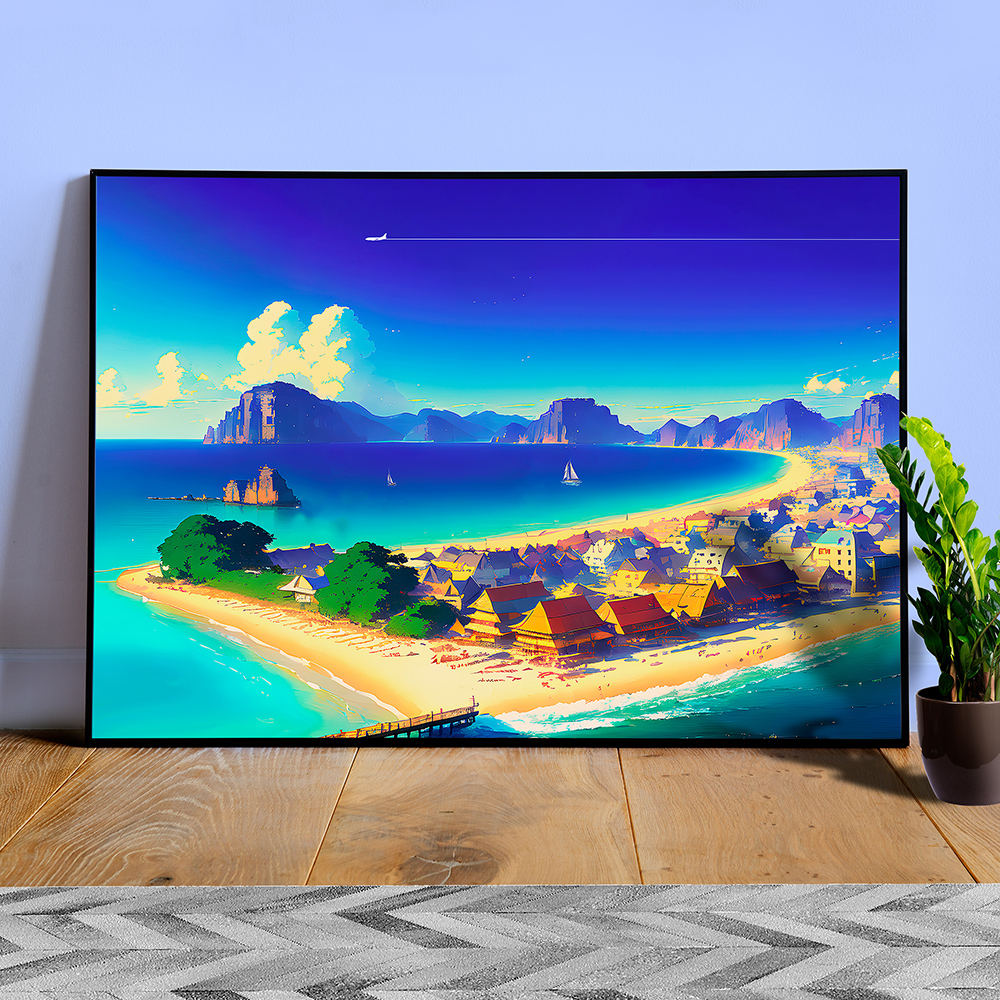 Japan, Okinawa, anime city on the bay — City Pop art, anime landscape poster