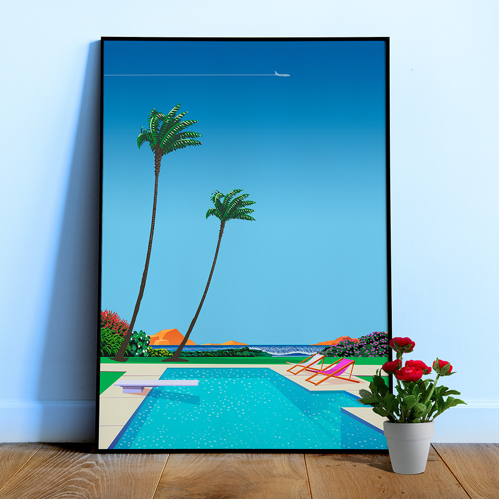 Texas, USA, pool, beach — City Pop art, retrowave/vaporwave poster, 80s, aesthetic poster