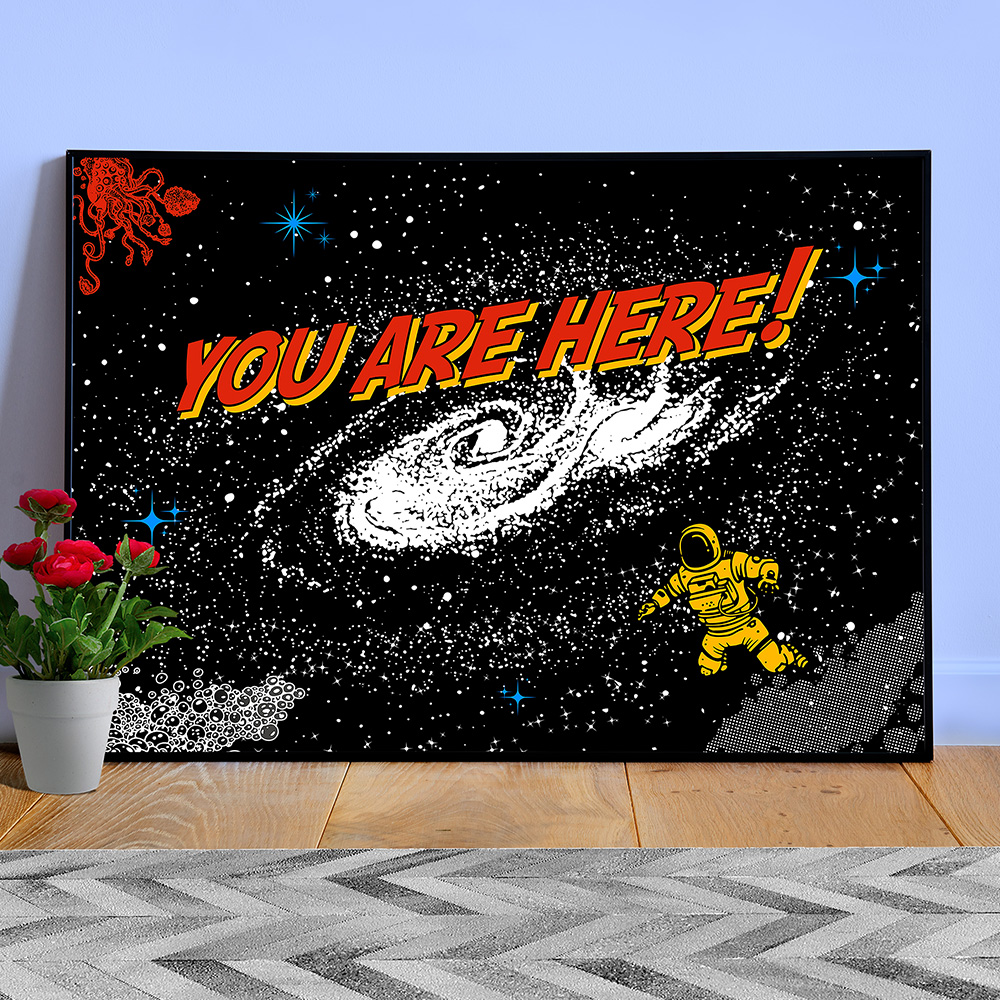 You are here: Milky Way galaxy map, 1950s comic poster — space poster, science poster, galactic map, space map