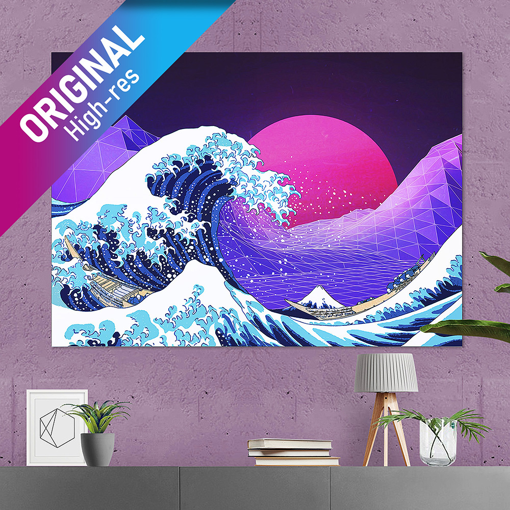 Synthwave Space: The Great Wave off Kanagawa [synthwave/vaporwave/cyberpunk] — aesthetic poster, retrowave poster, neon poster