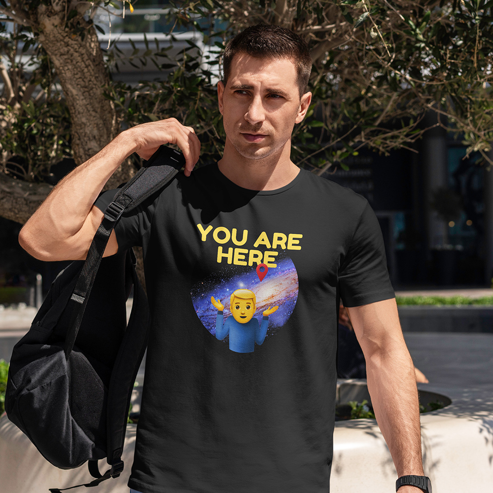 You are here: Milky Way galaxy map with emoji — Teepublic T-shirt