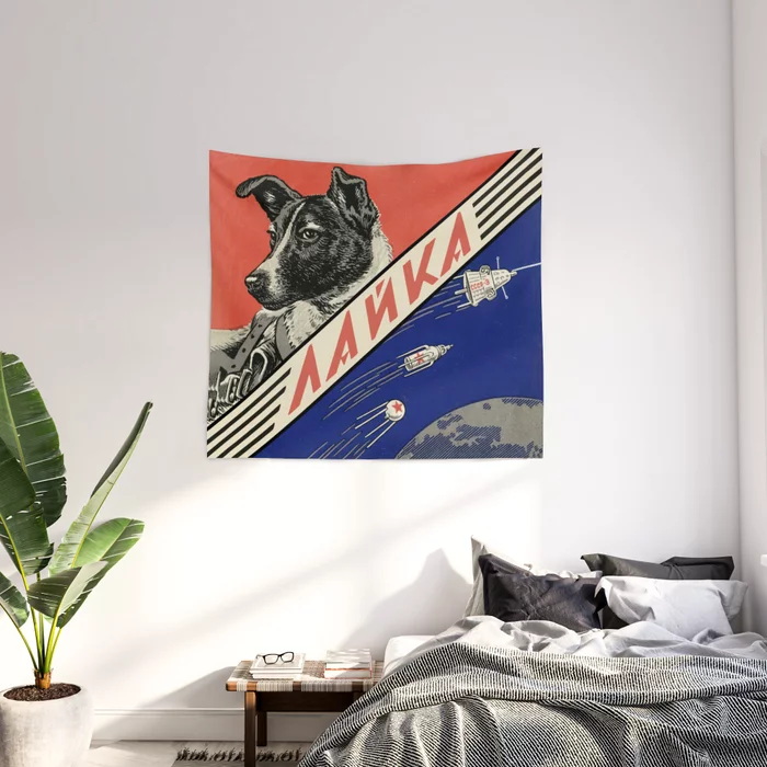 Laika, first space dog — Soviet vintage space poster [Sovietwave] Wall Tapestry